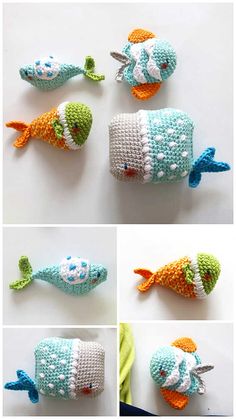 crocheted toy fish with different colors and sizes on it's sides, including one