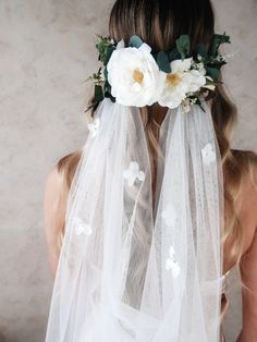 "Floral petals scatter across this white cathedral veil attached to a pretty boho flower crown. The crown features white wild roses, eucalyptus, tiny wild flowers and pink buds. -- this listing is for the crown and veil included -- full circlet crown fits 22\" heads (can be made to your measurement per request) -- flowing cathedral veil (can be created any length you prefer) -- handmade with ♡ by me -- leaves my studio in 3-5 days Check out the rest of my shop here https://gardensofwhimsy.etsy.c Wedding Flower Veil, Floral Crown Veil, Flower Crown Wedding Veil, Eucalyptus Flower Crown, Veil With Flowers, Boho Wedding Hairstyles, White Wedding Veil, Crown Veil, Veil Floral