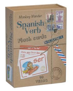 a cardboard box with stamps on the front and inside that says, monkey wonder spanish verb flash cards