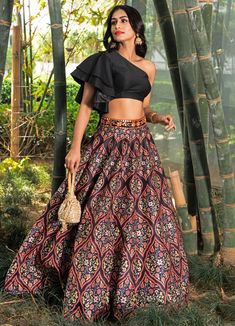 Buy Kaya Multicolour Printed Lehenga Set by Rashika Sharma at Fabilicious Fashion! Shop made-to-measure Indian wedding wear and jewellery with fast shipping to USA, UK, and Canada. Black Ruffle Blouse, Printed Lehenga, Black Lehenga, Lehenga Suit, Blouse Cotton, Embroidered Belt, Dupion Silk, Indian Fabric, Elegant Sets