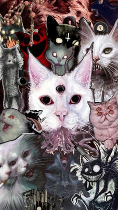 a group of cats that are standing in front of each other with creepy faces on them