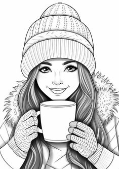 a woman in winter clothing holding a cup