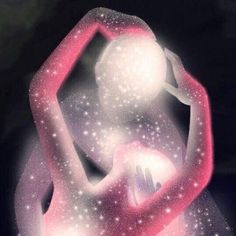 a woman holding a glowing ball in her hand with stars all over the space around her