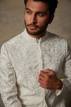 Shop for Gargee Designers White Polyester Embroidered Bandhgala Set for Men Online at Aza Fashions Designer Unstitched Bandhgala With Chikankari Embroidery, White Fitted Unstitched Suit For Transitional Season, White Fitted Nehru Jacket For Diwali, Fitted White Nehru Jacket For Eid, Transitional Season White Fitted Unstitched Suit, Fitted White Bandhgala With Zari Work, White Fitted Bandhgala With Zari Work, White Designer Sets, Fitted White Nehru Jacket With Dabka