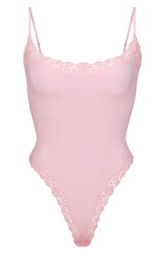 From Kim Kardashian's iconic SKIMS comes this lace-trimmed bodysuit with a scoop neck and sultry high legs. Adjustable straps 89% nylon, 11% spandex Machine wash, tumble dry Imported Cami Bodysuit, Lace Camisole, Lace Cami, Girly Outfits, Dream Clothes, Kim Kardashian, Aesthetic Clothes, Pretty Outfits, Cherry Blossom