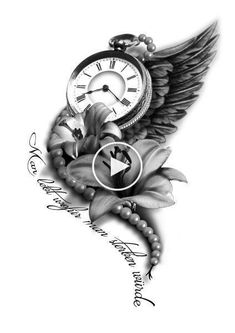 a tattoo design with an old clock and wings on it's side, surrounded by words