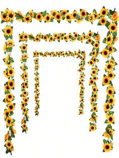 an arrangement of sunflowers and vines are arranged in the shape of a frame