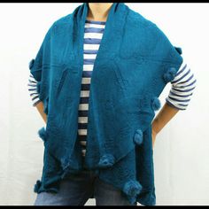 Length Top To Bottom Around 35? Cozy Blue Outerwear For Spring, Casual Blue Outerwear One Size, Casual Blue Poncho For Spring, Blue Long Sleeve Outerwear One Size, Cozy Blue Spring Outerwear, Blue Spring Cardigan For Cold Weather, Oversized Blue Poncho For Spring, Blue Oversized Poncho For Spring, Blue Oversized Cardigan For Cold Weather