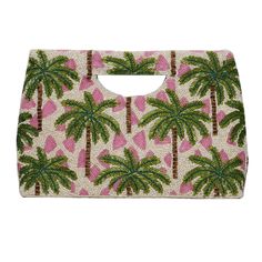 Beaded Pink & Green Palm Tree Clutch Purse - The Well Appointed House Pocket Mirror, Hand Beading, Clutch Purse, Palm Tree, Card Case, The Well, Palm Trees, Lip Gloss, Pink And Green