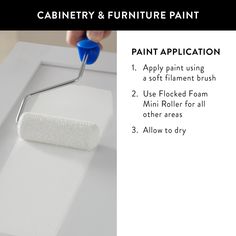 a person using a paint roller on a white surface with text describing how to use it