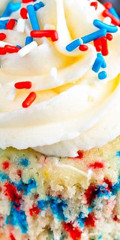 a cupcake with red, white and blue sprinkles on the top