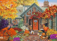 a painting of a house with pumpkins, flowers and birds in the front yard