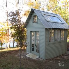 a small green house with a metal roof and windows on the front door is surrounded by trees