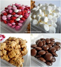 four different types of marshmallows and chocolate candies in plastic containers with text overlay