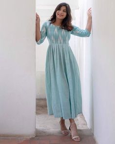 Kurthis Models For Stitching, Pleated Kurti, Frocks For Women, Ikkat Dresses, Casual Frocks, Ikat Dress