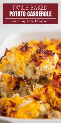 a spoon full of baked potato casserole with bacon