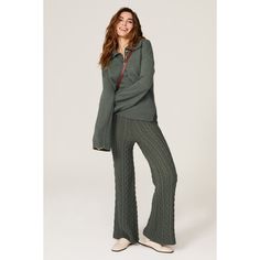 Dark green knit (100% Acrylic). Trouser. Pull-on. 40" from waist to hemline. 12.75" Rise. 29.5" Inseam. 25.5" Leg Opening. Imported. Rent The Runway, Closet Designs, Pull On Pants, Cable Knit, Dark Green, Wide Leg Pants, Wide Leg, Trousers, Knitting