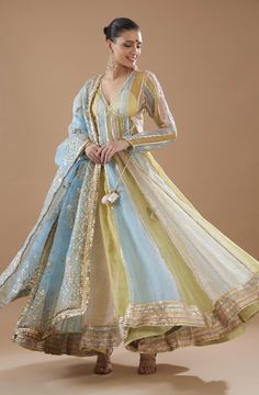 Multi Color Kurti Designs, Multicolor Anarkali Dress, Organza Silk Suit, Mughal Dresses Fashion, Teal Dress Outfit Ideas, Best Anarkali Designs, New Design Anarkali Dress, Angrakha Suits Design, Angrakha Style Kurti Anarkali Suits