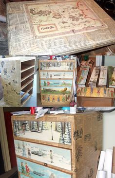 an old dresser has been transformed into a decorative storage box with pictures on the drawers