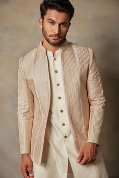 Embroidered Bandhgala, Indo Western Outfits For Men, Indo Western Dress For Men, India Fashion Men, Kurta Set Men, Peach Jacket, Mens Traditional Wear, Sherwani For Men Wedding