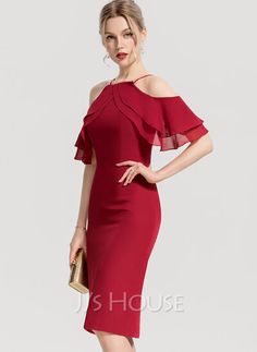 [AU$ 129.00] Sheath/Column Square Neckline Knee-Length Chiffon Cocktail Dress With Cascading Ruffles (016154216) Cascading Dress, Knee Length Cocktail Dress, Cocktail Dresses Online, Chiffon Cocktail Dress, Coctail Dresses, Cascading Ruffles, Dresses Chiffon, Column Dress, Vestidos Vintage