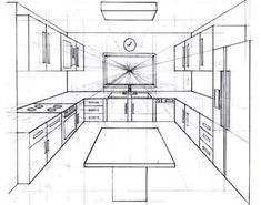 a line drawing of a kitchen with cabinets and counter tops in the center, along with an island