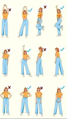 a woman is doing different poses for her body and shoulders, with the instructions to do it