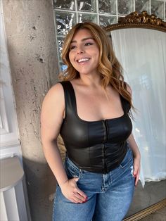 Be daring in the BREE Black Faux Leather Corset Top! This sultry corset promises to show off your curves with its figure-hugging, faux leather construction and hook eye closure. Plus, its stretchy fabric will keep you comfortable. Leather Corset Top, Plus Size Corset, Plus Size Boutique, Black Hot Pink, Leather Corset, Hook Eye, Denim Outfit, Corset Top, Black Faux Leather