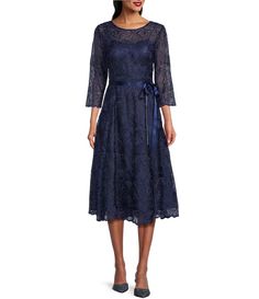 Alex Evenings Illusion Round Neck Ribbon Tie 3/4 Sleeve Embroidered Floral Lace Midi Dress | Dillard's Evening Lace Dress With 3/4 Sleeves, Formal Lace Dress With 3/4 Sleeve, Neck Ribbon, Embroidered Lace Dress, Alex Evenings, Midi Dress Party, Lace Midi, Dress 16, Lace Midi Dress