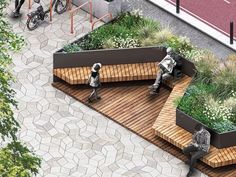 two people sitting on benches next to each other with plants growing out of the seats