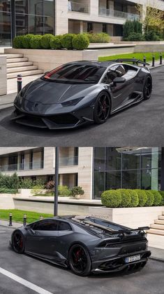 two different views of a black sports car parked in front of a building with steps leading up to it