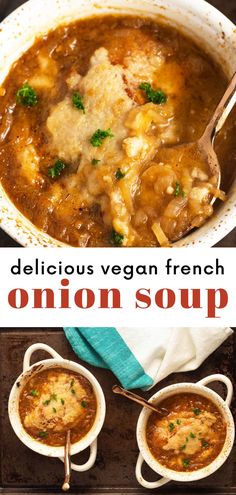 delicious vegan french onion soup in a white bowl