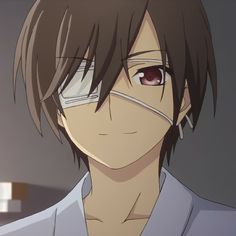 an anime character with glasses on his face looking at the camera while staring into the distance