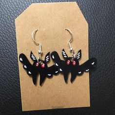 Themed Black Dangle Earrings, Quirky Handmade Black Earrings, Novelty Black Earrings For Gift, Black Novelty Earrings For Gifts, Black Novelty Earrings For Gift, Handmade Black Novelty Earrings, Handmade Themed Black Earrings, Mothman Earrings, Mothman Art