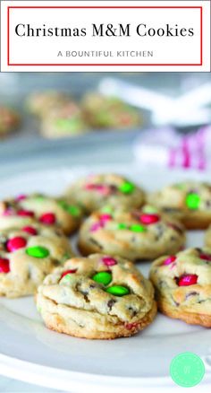 christmas m & m cookies on a white plate