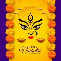 happy navrathri greeting card with candles and flowers on purple background for diwaling