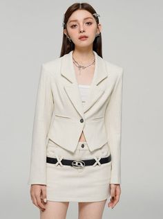 ❤White chic jacket + tight short skirt❤︎ Chic Notch Lapel Skirt Suit For Spring, Chic Spring Skirt Suit With Notch Lapel, White Fitted Office Lady Blazer, Chic Fitted Long Sleeve Skirt Suit, Fitted White Blazer For Office, Chic Spring Skirt Suit With Suit Collar, Formal Fitted White Mini Skirt, Chic Skirt Suit For Spring Office Wear, Chic Spring Skirt Suit For Office Wear