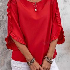 Red Blouse With 3/4 Ruffle Sleeves. Red Half Sleeve Summer Blouse, Solid Color Half Sleeve Office Top, Office Half-sleeve Solid Color Tops, Office Half Sleeve Tops, Red 3/4 Sleeve Summer Top, Red 3/4 Sleeve Top For Summer, Ruffled 3/4 Sleeve Tops For Work, Red Half Sleeve Tops For Summer, Red Half Sleeve Summer Tops