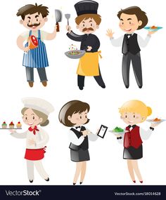 people dressed in different types of restaurant uniforms