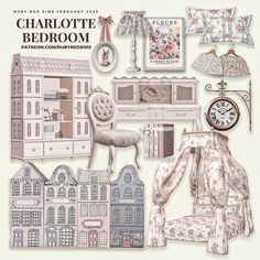 the cover of charlotte's bedroom magazine with furniture and accessories in pastel tones