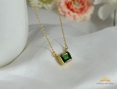 Delicate Handmade pendant necklace, Emerald Cut Octagon Shape 7 x 9 mm size Green Tourmaline Gemstone,  Bezel Set in 1 mm dainty chain, Made in 925 Sterling Silver or 18k Gold Filled. Handcrafted with high quality gemstones. High-quality sterling silver chain. Unique delicate design. Perfect gift for birthdays and special occasions. Available in different chain lengths. Comes in a gift-ready packaging. Green Tourmaline Emerald Cut Pendant Necklace, Delicate Emerald Cut 7 x 9 Green Tourmaline Bez Gold Tourmaline Emerald Necklace As Gift, Jewelry Hacks, Handmade Pendant Necklace, Tourmaline Necklace, Women Necklace, Tourmaline Gemstone, Green Tourmaline, Handmade Pendants, Emerald Cut