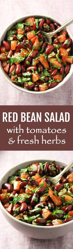 red bean salad with tomatoes and fresh herbs in a white bowl on a pink tablecloth