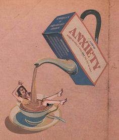 an advertisement for tea with a woman floating in a cup and saucer on top of it