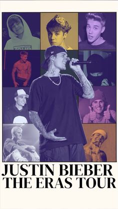 a poster with the words,'dustin bieberr the eras tour'in multiple photos