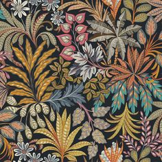 an artistic floral pattern with leaves and flowers on a black background, suitable for wallpaper or fabric