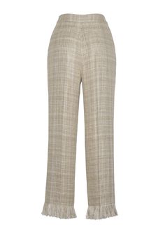 Expertly crafted from Italian silk linen plaid, the pant features a playful fringe detail at the ankle. Designed in a classic silhouette, this trouser skillfully elongates the leg with tailored front and back creases. Front and back pockets and an invisible side zip closure provide seamless wear. For the completed look, pair with the Remo Top in Silk Linen Plaid. Style Number: P24525SZ Made in New York City Size & FitModel's Height: 5'10"Model is wearing size 2 Measurements based on a size 4: Wa Luxury Ribbed Casual Pants, Luxury Cotton Pants With Ribbed Cuffs, Luxury Beige Relaxed Fit Pants, Luxury Straight Leg Pull-on Pants, Luxury Khaki Ankle-length Pants, Dr Closet, Classic Pants, Silk Linen, Boutique Homes