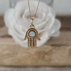 Hamsa Hand Necklace, Evil Eye Necklace, Good Luck Charm, Protection Necklace, Gold Filled Necklace, Tiny Opal Necklace, Birthday Gift for Her ♥ Each piece looks beautiful alone or great for laying.  ♥ I ensure a high-quality piece of jewelry you can wear for a long time (Please read care instructions below).    Made with high quality of Stainless steel, 18K gold filled and real 18K gold plated tarnish resistant, Hypoallergenic, lead and nickel free.    (This gold plated have 3x layers of solid 1 Spiritual Pendant Charm Necklace For Birthday, Spiritual Round Pendant Necklace For Celebration, Spiritual Nickel-free Necklace For Birthday, Spiritual Nickel-free Necklace For Birthdays, Round Necklace With Lobster Clasp For Birthday, White Spiritual Necklace For Birthday, Spiritual White Necklace For Birthday, Hamsa Symbol, Hamsa Hand Necklace