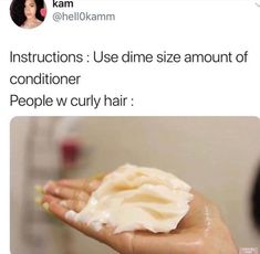 someone is holding out their hand with some cream on it that says instructions use dime size amount of conditioner people curly hair