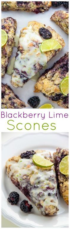 blackberry lime scones on a plate with lemon wedges