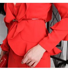 Limited edition elegant and stylish three-dimensional ruffled design V-neck two-piece red pants suit Fitted Solid Color Sets With Ruffles, Chic Evening Sets With Ruffles, Chic V-neck Party Sets, Chic Solid Color Evening Set, Chic V-neck Sets For Party, Elegant Red Sets For Spring, Elegant Peplum Sets With Ruffles, Chic Red Long Sleeve Suits, Elegant V-neck Office Set